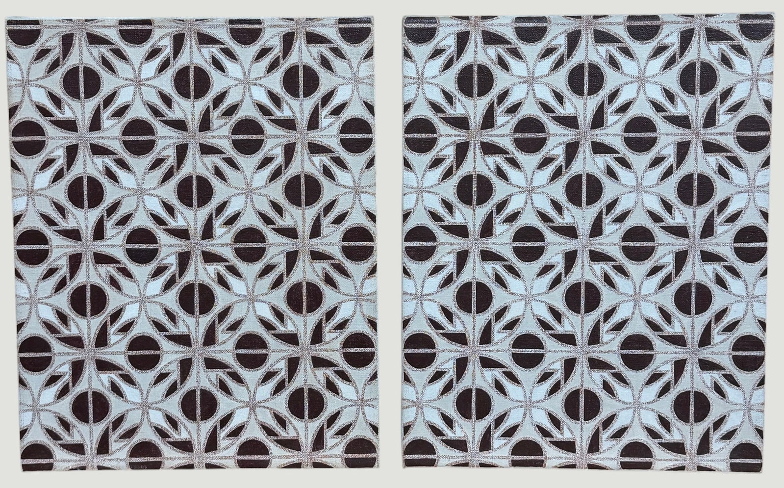 Pair Alan Peters (New York, 1944 - 2023) Geometric Oil on Canvas: Features a complex geometric patgtern composed of interlocking circular and square motifs, predominantly in dark brown and off white. Unframed. Measures 14 x 11 inches. Overall good condition. From