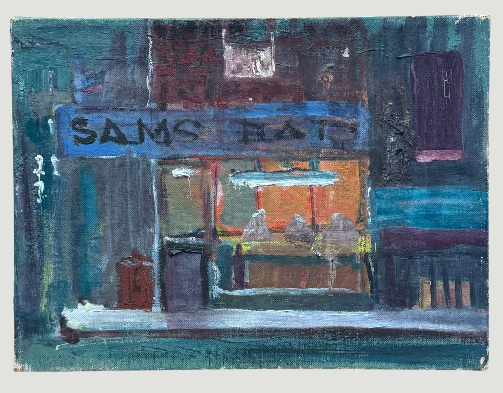 Mid Century Niel Peper Oil on Canvas Citiscape: Unframed. SIgned faintly lower right. Measures 9 x 12 inches. Overall good condition, please see photos. Comes from the estate of Niel Peper.