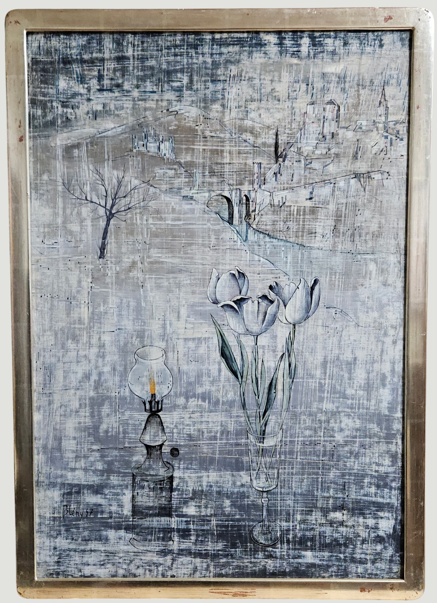 Jacques Bleny O/C Modern Surrealist Still Life 1957 '2 Tulipes et Tolede' (1 of 3)