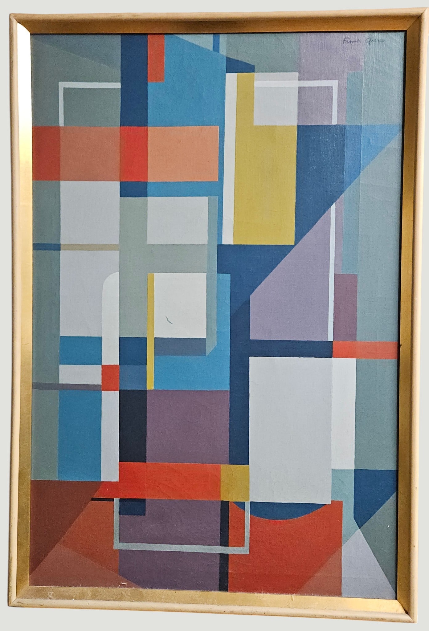 Frank Greco (American, 20th C.) Mid Century Geometric Abstract 'House of Mirrors': The piece embodies mid-century geometric abstraction, utilizing interlocking blocks, clean rectangular intersections, and fields of muted, earthy tones paired with distinct pops of red and ochre