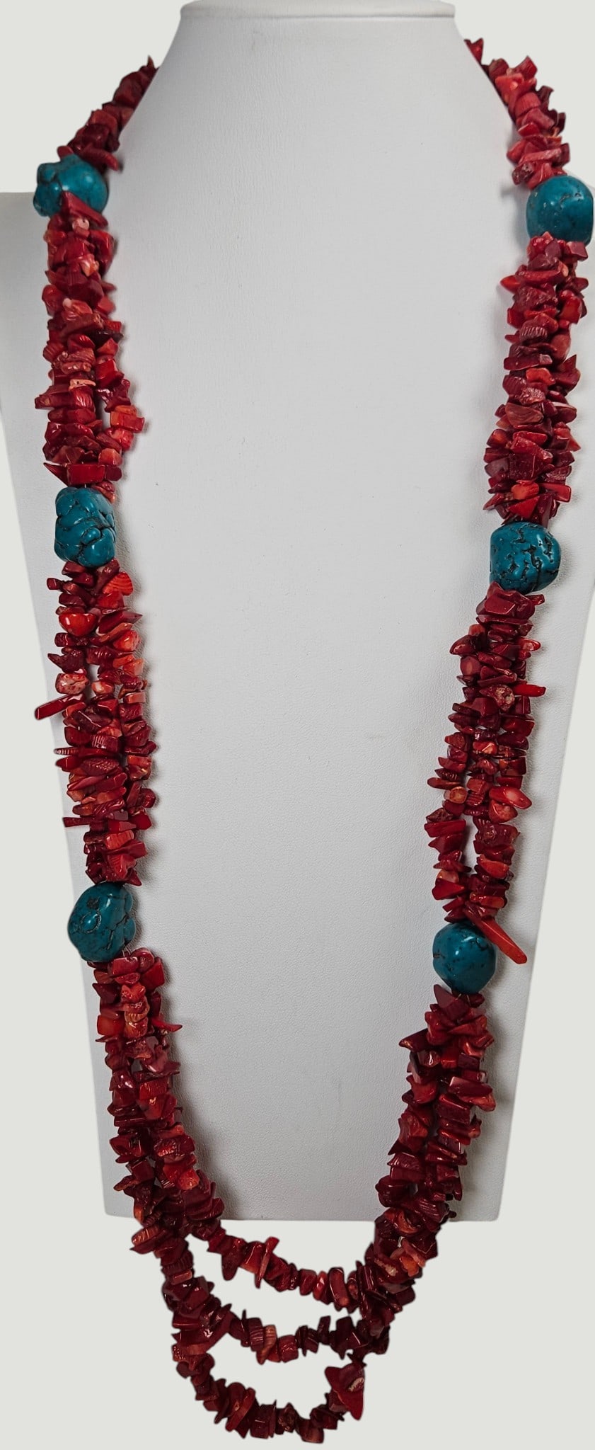 Vintage Sterling Red Coral & Turquoise Necklace: Measures 33 inches long. Clasp not marked but tested for silver. Overall good condition, please see photos.