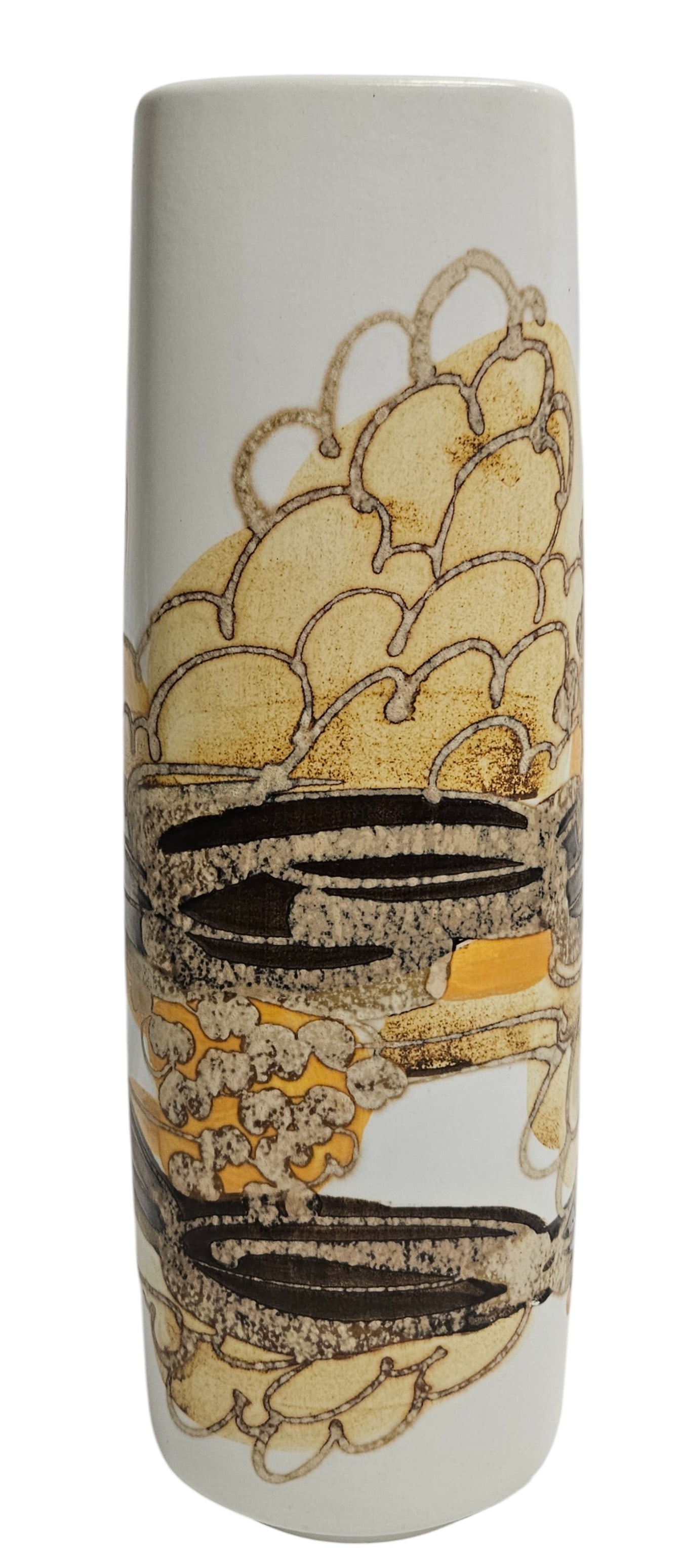 Mid Century Royal Copenhagen Faience 'Siena' Vase by Ellen Malmer: Features abstract, modernistic glazed motif in contrasting earthy glazes of yellow, orange, and brown. Inspired by Siena, Italy. Measures 10.75 inches high, 3.125 square across the top. Overall good
