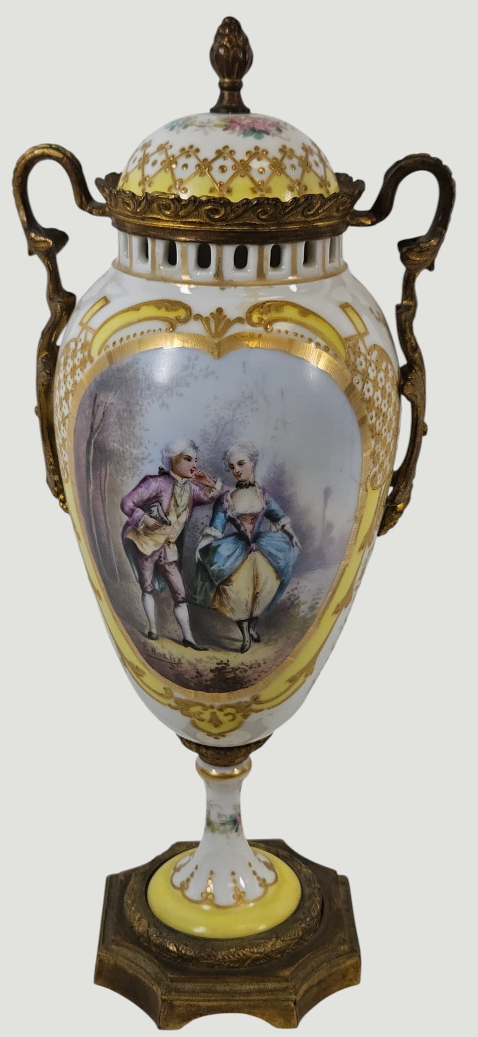 19th Century Sevres Style Porcelain Bronze Mounted Urn: Signed P. Roche. Measures 12.25 inches high, 4.25 inches wide. Overall good condition, no chips or cracks. Please see photos.