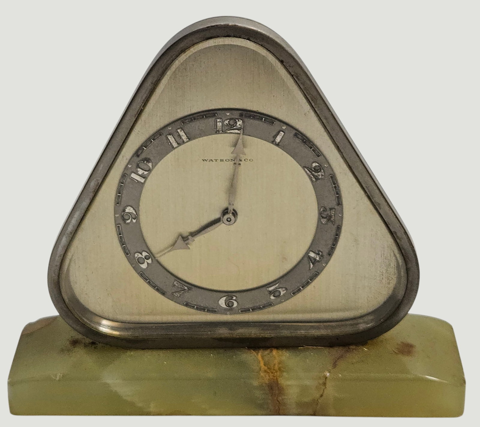 Art Deco Chrome & Green Onxy Watson & Co Desk Clock: Triangular chrome frame and geometric aesthetics of the 1920s. Green onyx base. Measures 4.25 inches high, 4.75 inches wide, 1.25 inches deep. Overall good working condition at time of description.