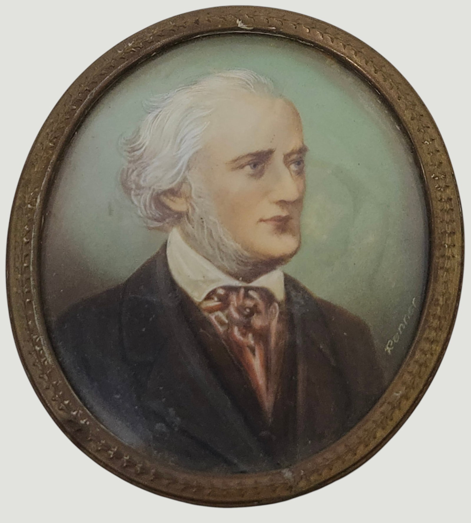 19th Century Portrait Miniature in Oval Bronze Frame Signed Renner: Measures 3.5 inches high x 2.75 inches wide. Signed middle right. Overall good condition, frame missing teeth in the back, please see photos.