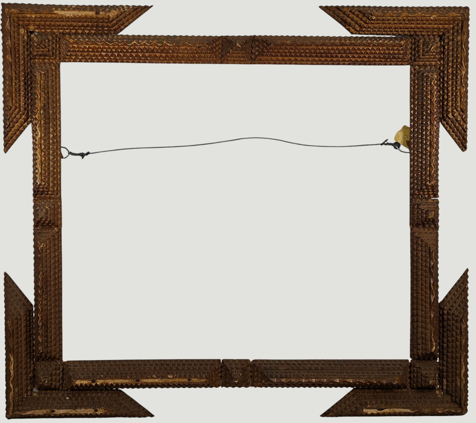 19th Century Tramp Art Frame: Antique tramp art frame, overall good condition. Slight areas of chipping and missing moulding, please see photos. Measures 21 x 19 inches overall, 16.5 x 14.25 inches sight.