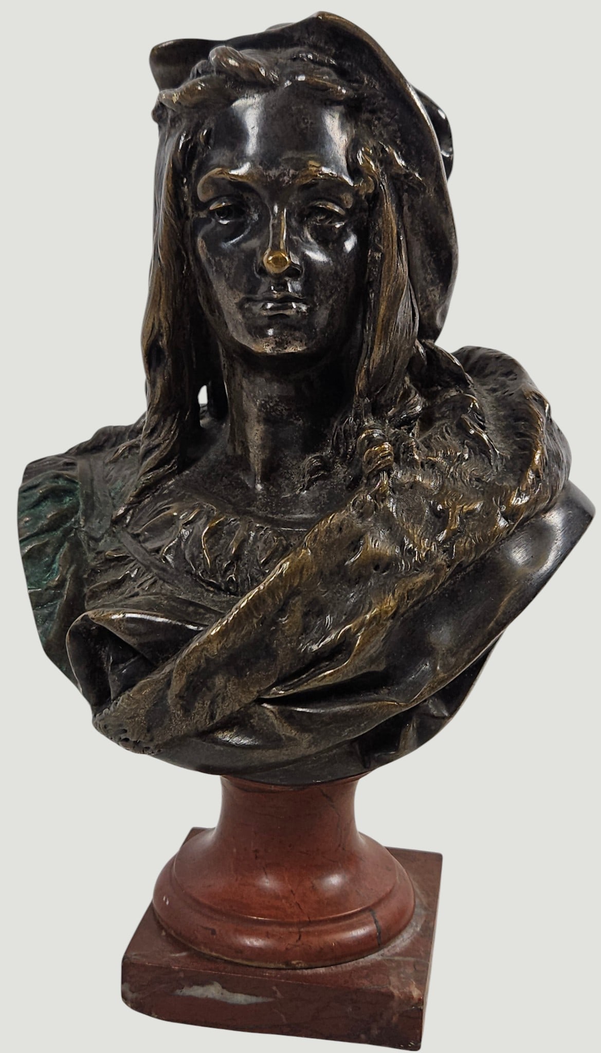 19th Century Auguste-Joseph Carrier (French 1800-1875) Silvered Bronze Bust: Renaissance inspired style, on a rouge marble plinth. Measures 9 inches high. Overall good condition, some finish issues. Please see photos.