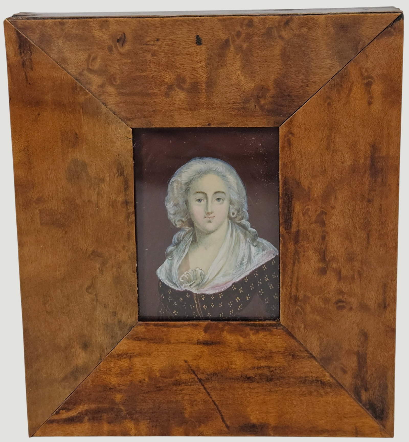 19th Century French Portrait Miniature Duchess of Somerset: Unsigned, label on verso. Frame measures 5.5 x 4.75, miniature in frame measures 2.5 x 1.75 inches. Nice curly maple frame. Overall good condition, please see photos.