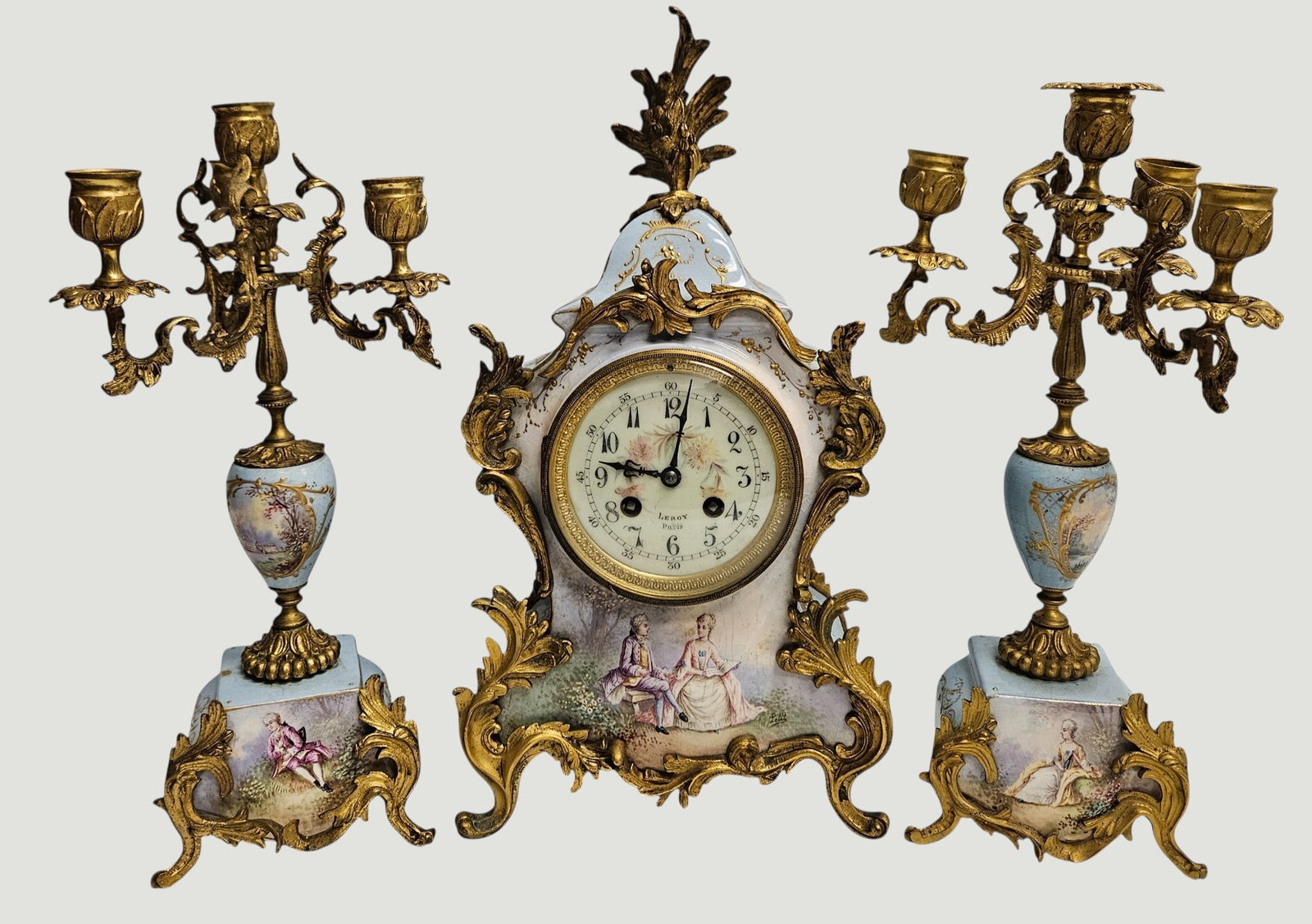 (3) French Louis XVI Style Bronze & Porcelain Clock Garniture Set Leroy Paris (1 of 6)