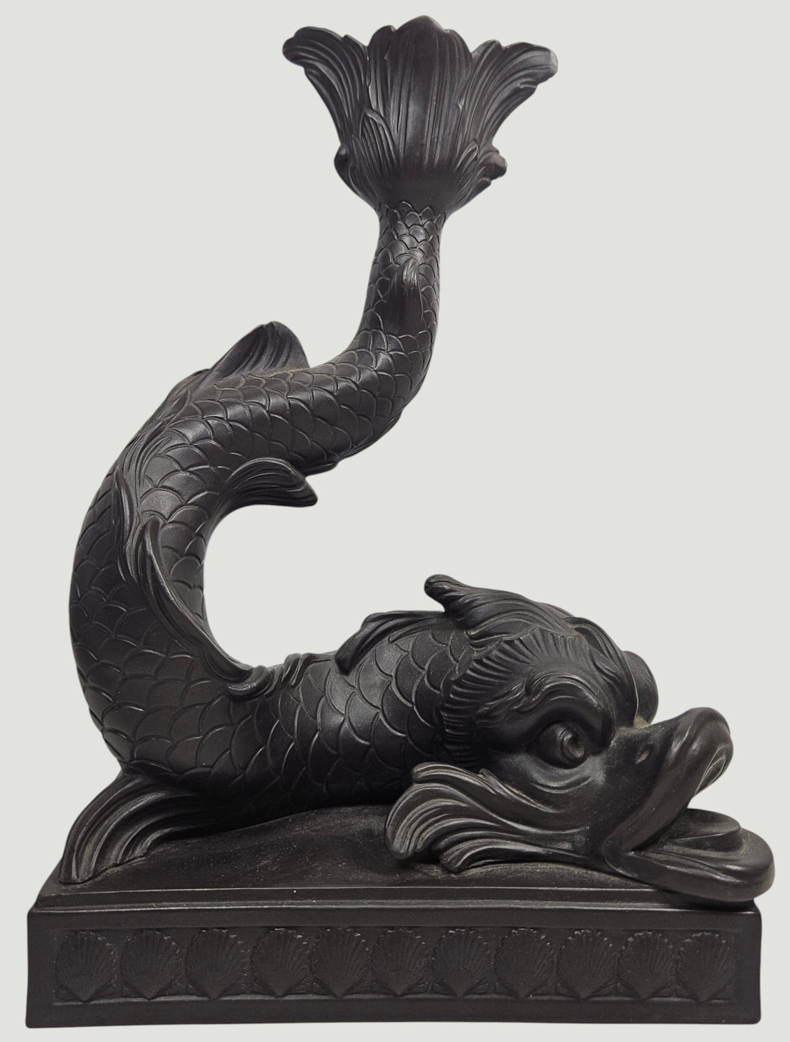 Wedgwood Black Basalt Dolphin Candlestick: Measures 8.5 inches high, 6.125 x 3.5 inch base. Overall good condition, no chips or cracks. Please see photos.