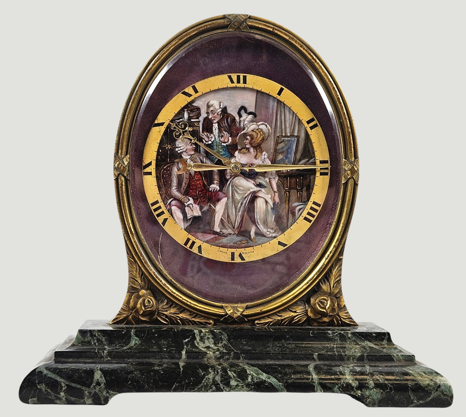 19th Century French Gilt Bronze Guilloche Enamel & Marble Clock: France, late 19th/early 20th century. Stamped Swiss Eight Days. Measures 6.25 inches high, 6.25 x 2.625 inch base. Overall good condition, running at time of description.