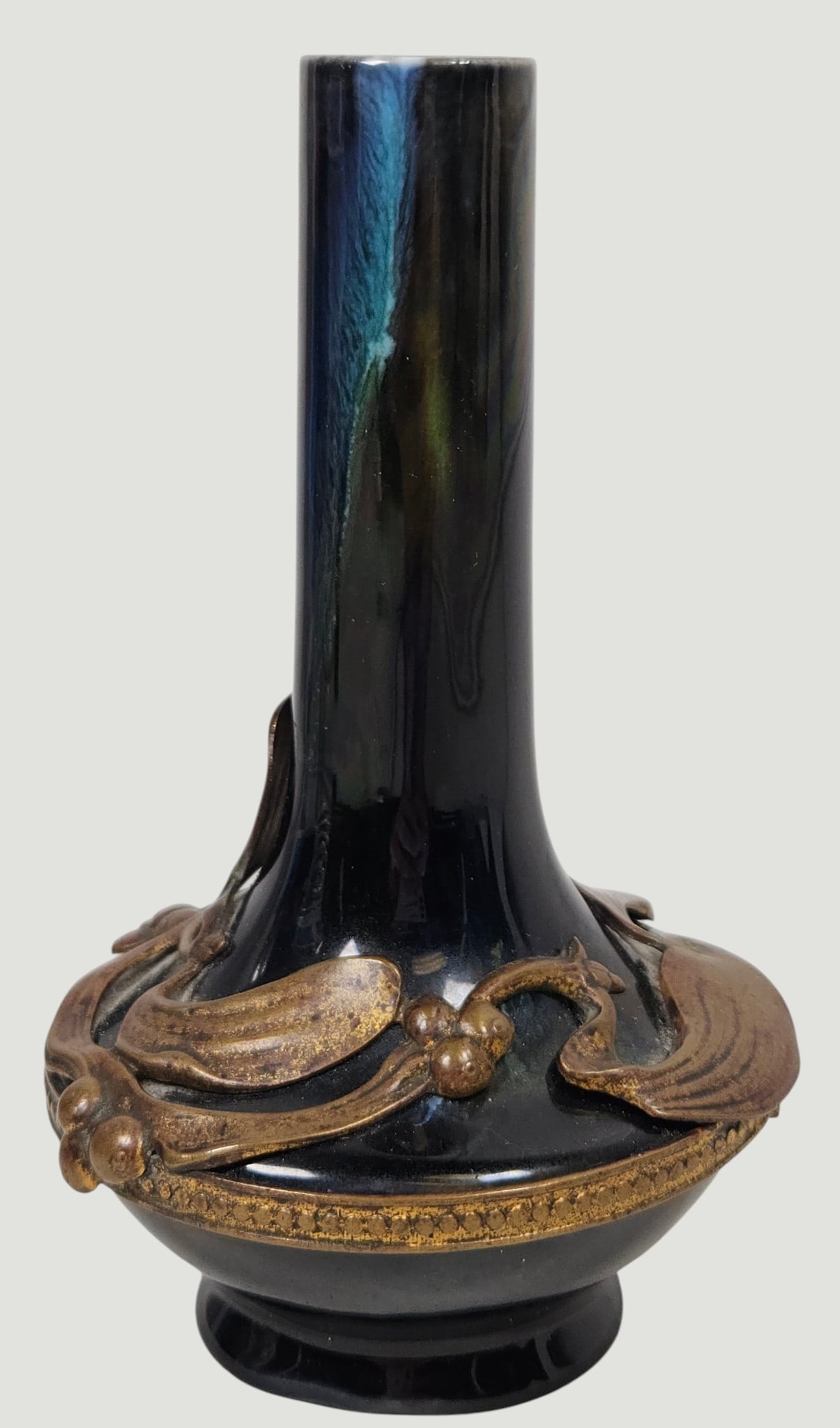 Art Nouveau Bronze Mounted Porcelain Cabinet Vase: Measures 5 inches high, 3 inches at its widest. Overall good condition, no chips or cracks. Please see photos.