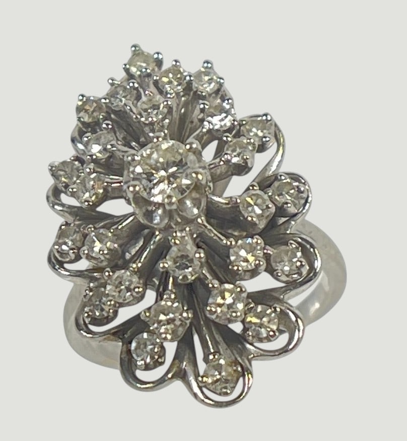 Estate 14k White Gold & Diamond Spray Ring size 5.5: Center stone approx .25 carat, with approx 2 carats total weight of diamonds. Total weight 5.4 dwt (8.4 grams).
