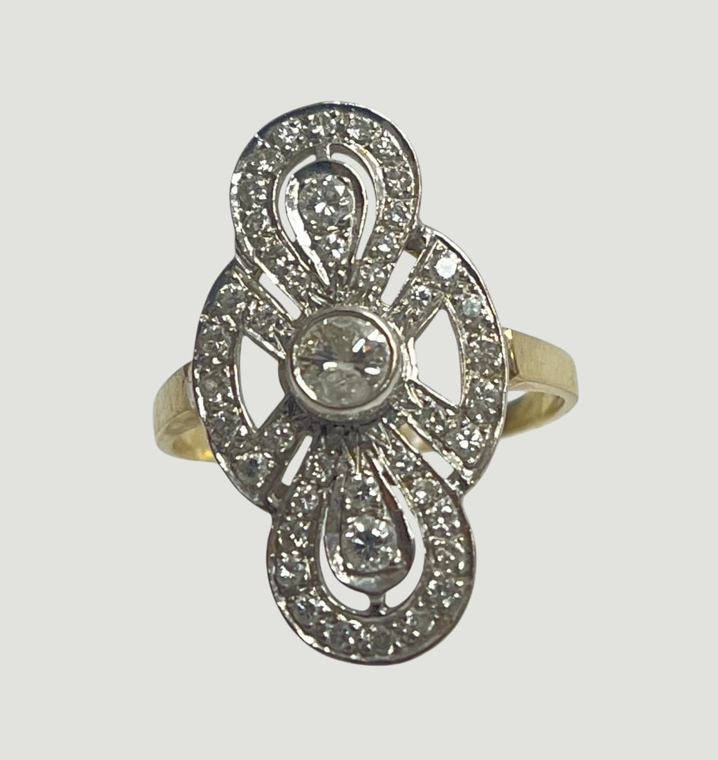 Art Deco 14k Yellow Gold & Diamond Ring size 8: Center stone .25 carats, with (2) .125 carat stones flanking on either side. 1 carat approx total diamond weight. Ring weighs 3.5 grams (2.2 dwt). Overall good condition, please see photos.