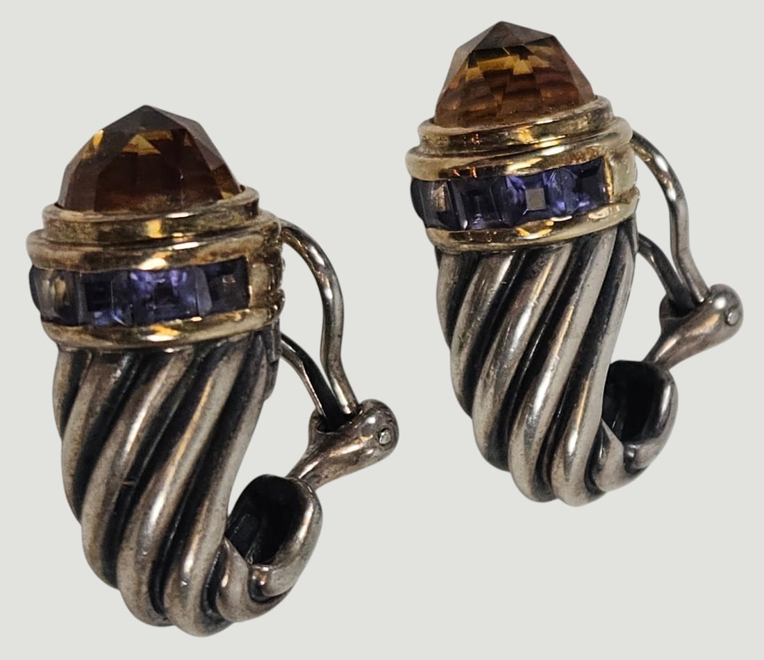 David Yurman Renaissance 14k Gold & Sterling Amethyst & Citrine Shrimp Earrings: Features a prominent faceted citrine bullet tip and channel set princess cut amethyst stones. The body features the iconic cable twisted look synonymous with the brand. They measure 1.5 inches long