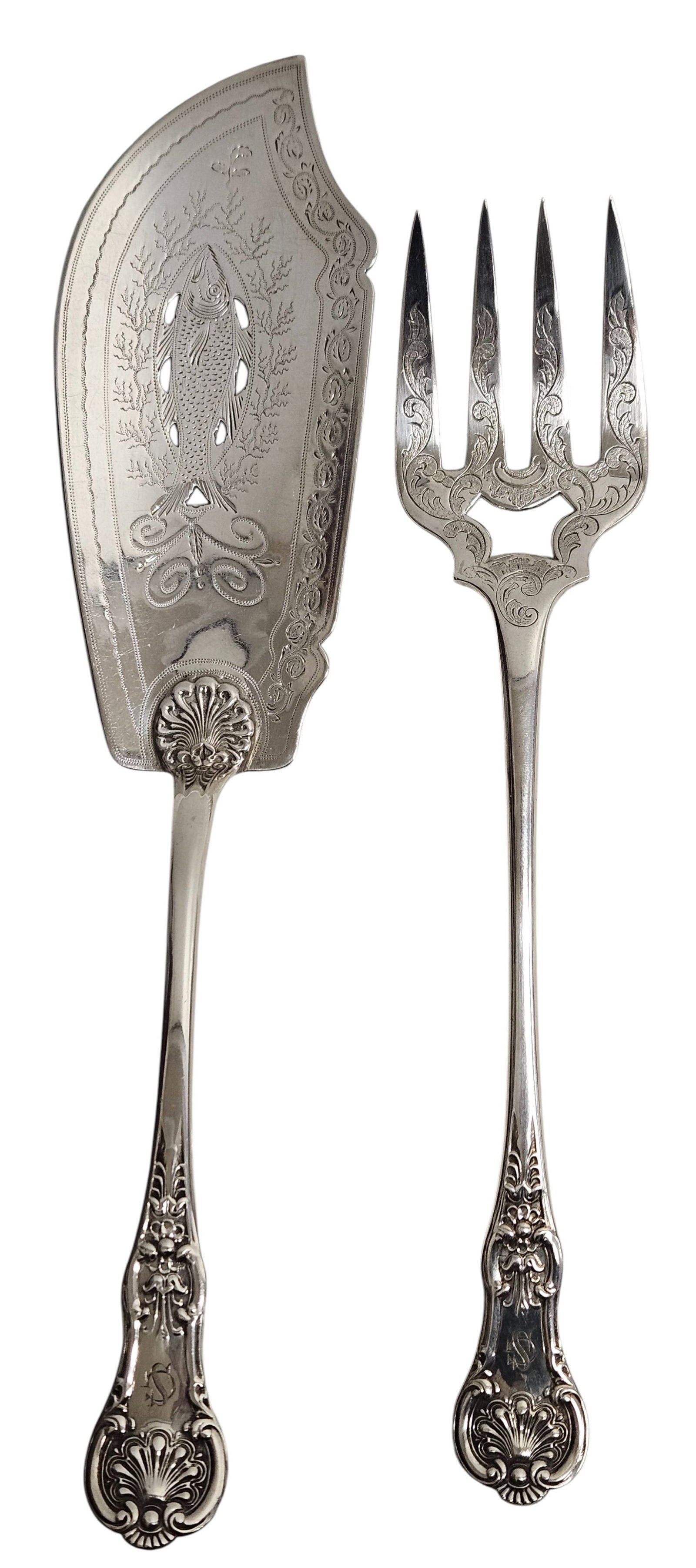 c1849 Glasgow Scottland Sterling Silver Fish Set: Date marked E for 1849, Glasgow city mark, sterling standard, Queen Victoria, and maker William Clark Shaw. Longest piece measures 12.5 inches long and weighs 10.8 ozt (336 grams). Overall excellent