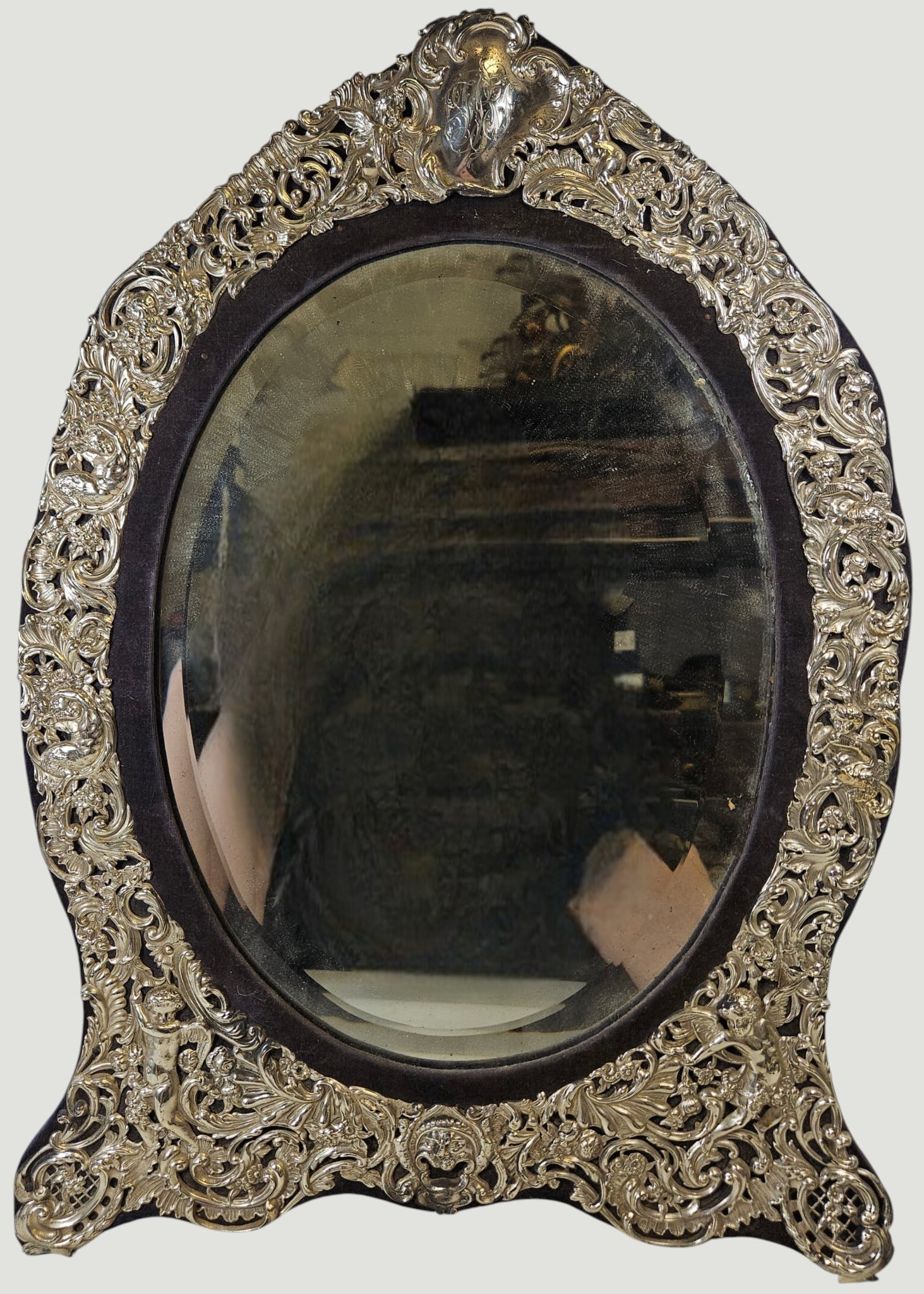 Large Victorian Sterling Silver Figural Repousse Beveled Dresser Mirror (1 of 6)