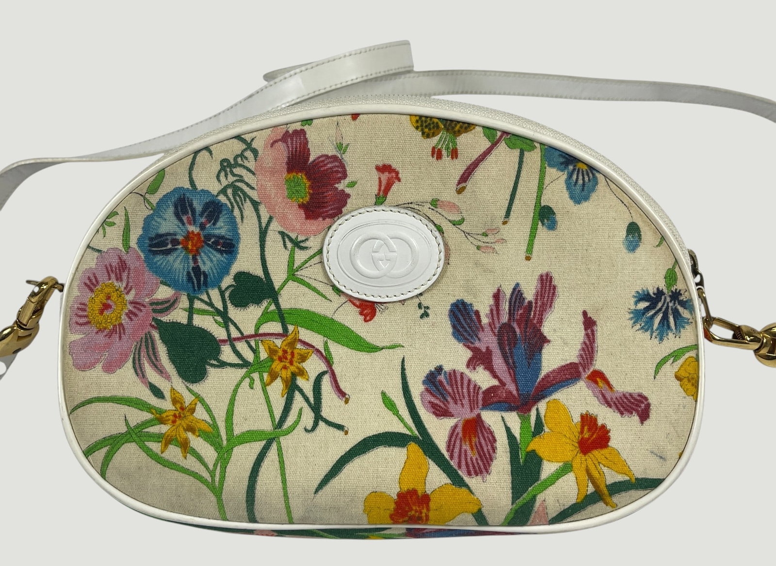 Vintage Gucci Floral Canvas Shoulder Bag: Measures 8.5 inches wide, 6.5 inches high. Approx 20.5 inch strap drop. Comes with original felt dust jacket. Overall very good condition, please see photos. Provenance from a mid town Manhattan