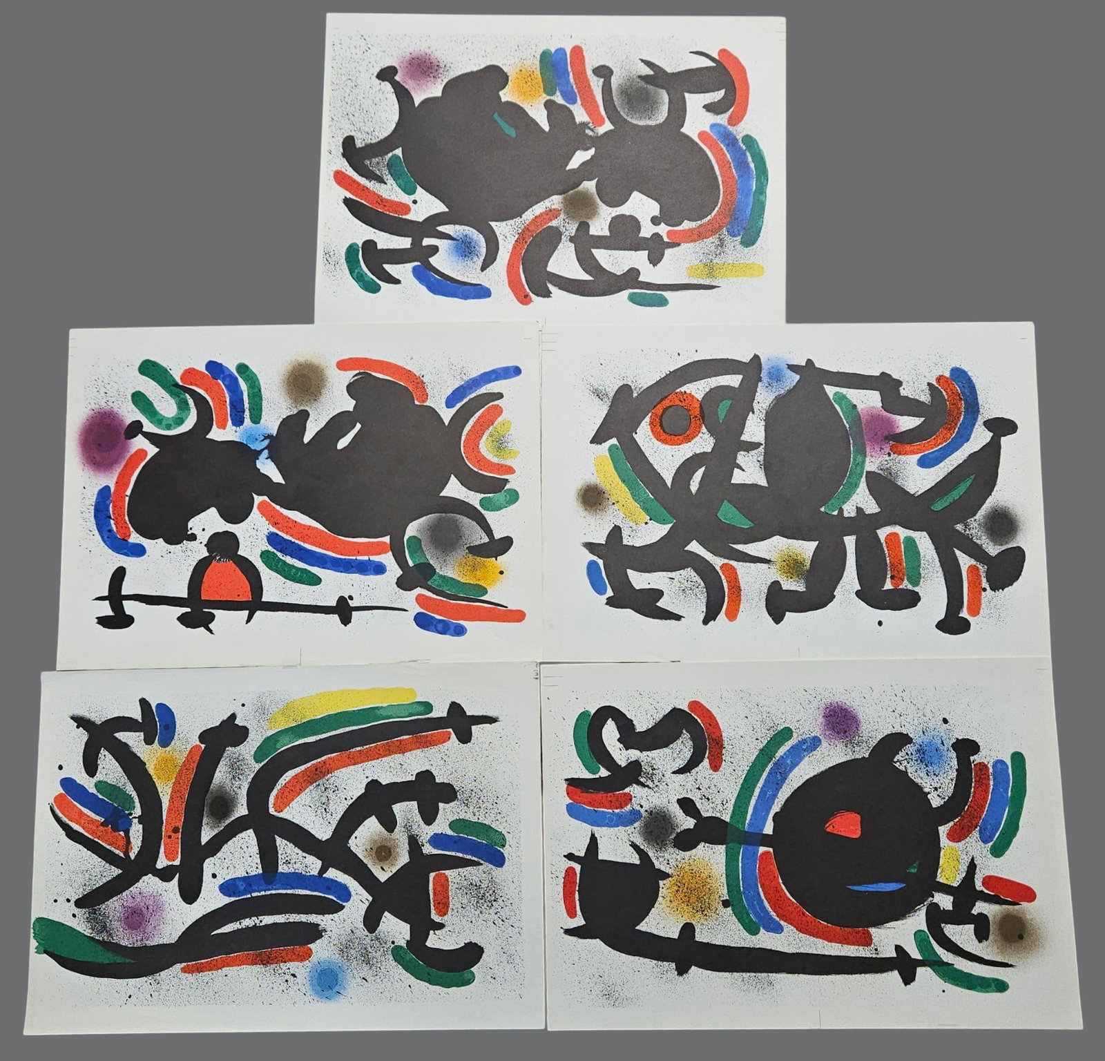 (5) Joan Miro Original Lithographs 1972: To include IV, VIII, X, IX, & VII. Unfolded, in good condition. Please see photos for condition report.