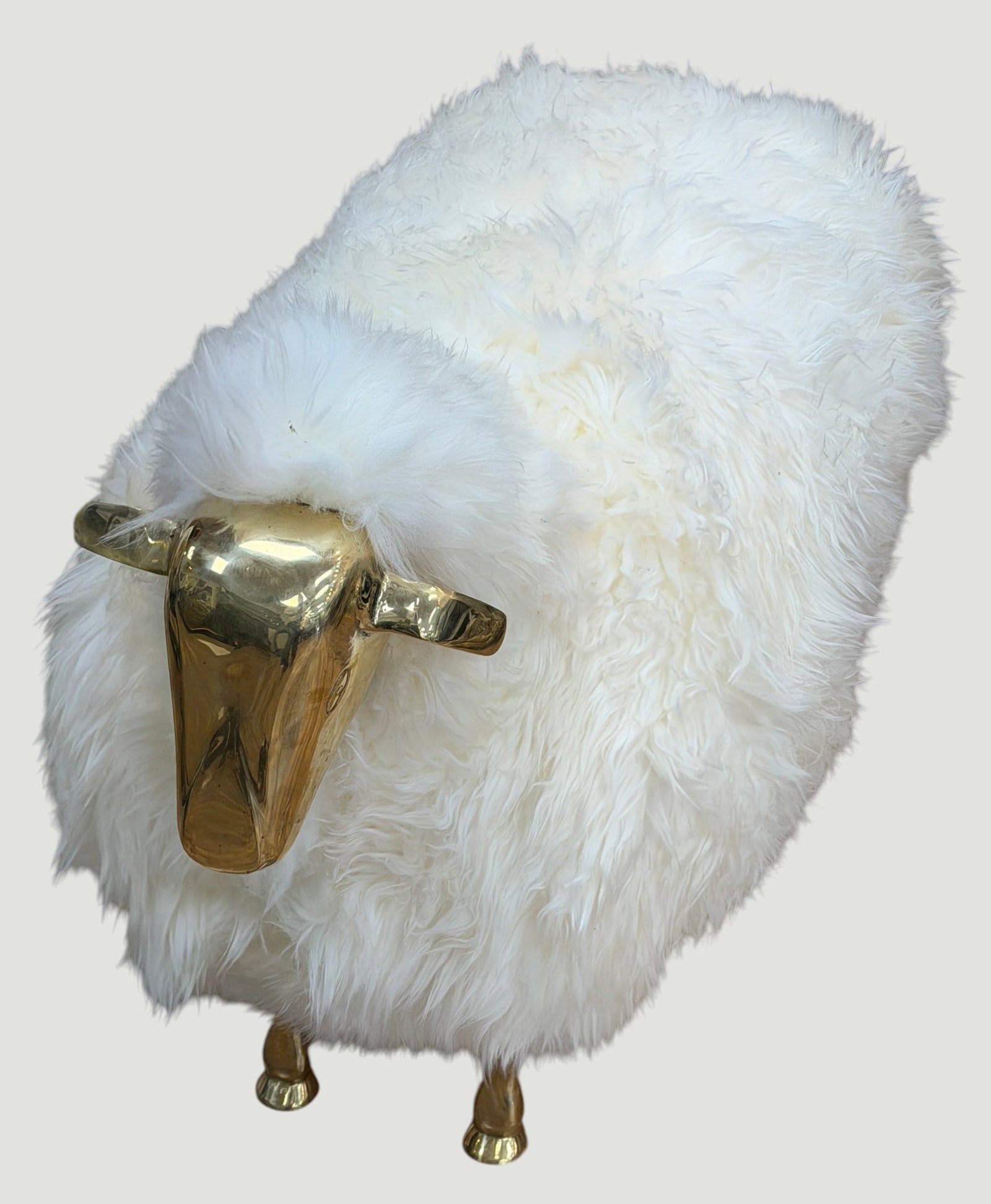 Mid Century Francois-Xavier Lalanne Inspired Wooly Sheep Bench Seat: Francois-Xavier Lalanne Inspired Wooly Sheep Bench Seat. Brass head and legs. Measures 23.5 inches high, 33 inches long x 17.5 inches wide. Overall good condition, some tarnish to the brass. Please