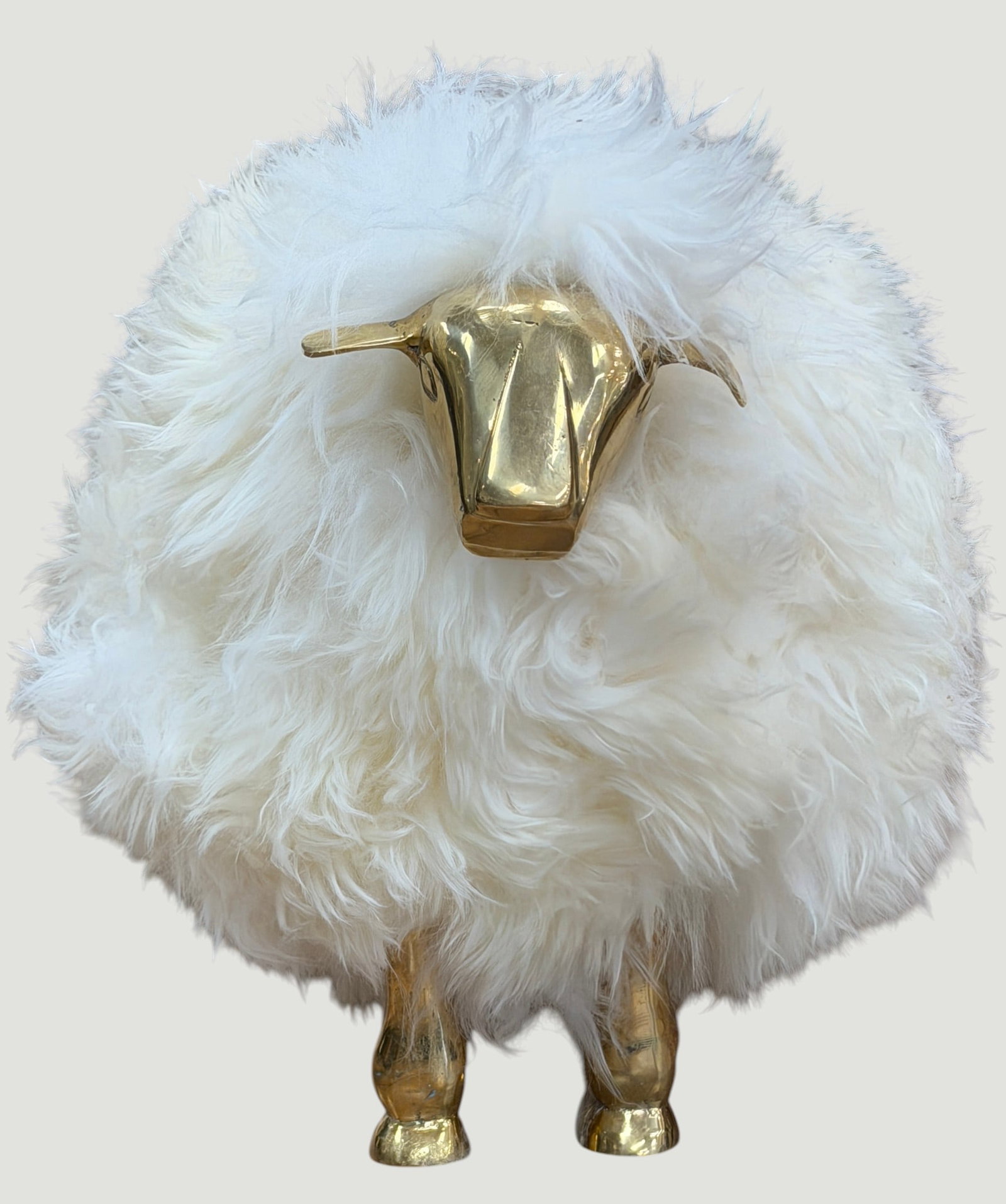 Mid Century Francois-Xavier Lalanne Inspired Wooly Sheep Bench Seat: Francois-Xavier Lalanne Inspired Wooly Sheep Bench Seat. Brass head and legs. Measures 16 inches high, 22.5 inches long x 13.5 inches wide. Overall good condition, some tarnish to the brass. Please