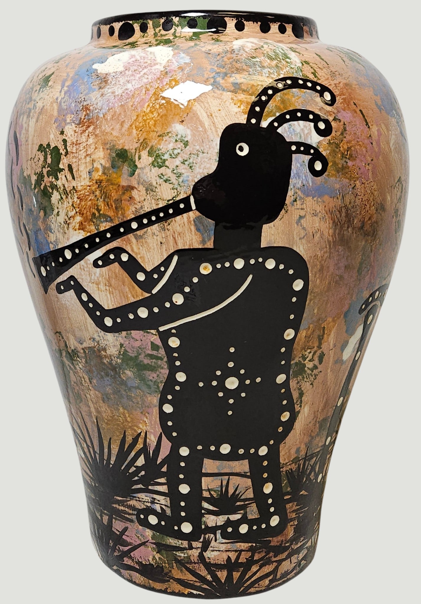 Native American Apache Mana Pottery Vase: Vase features a stylized, hand painted silhouette of Kokopelli. Measures approx 12 inches high, 8.25 inches wide. Overall good condition, please see photos.