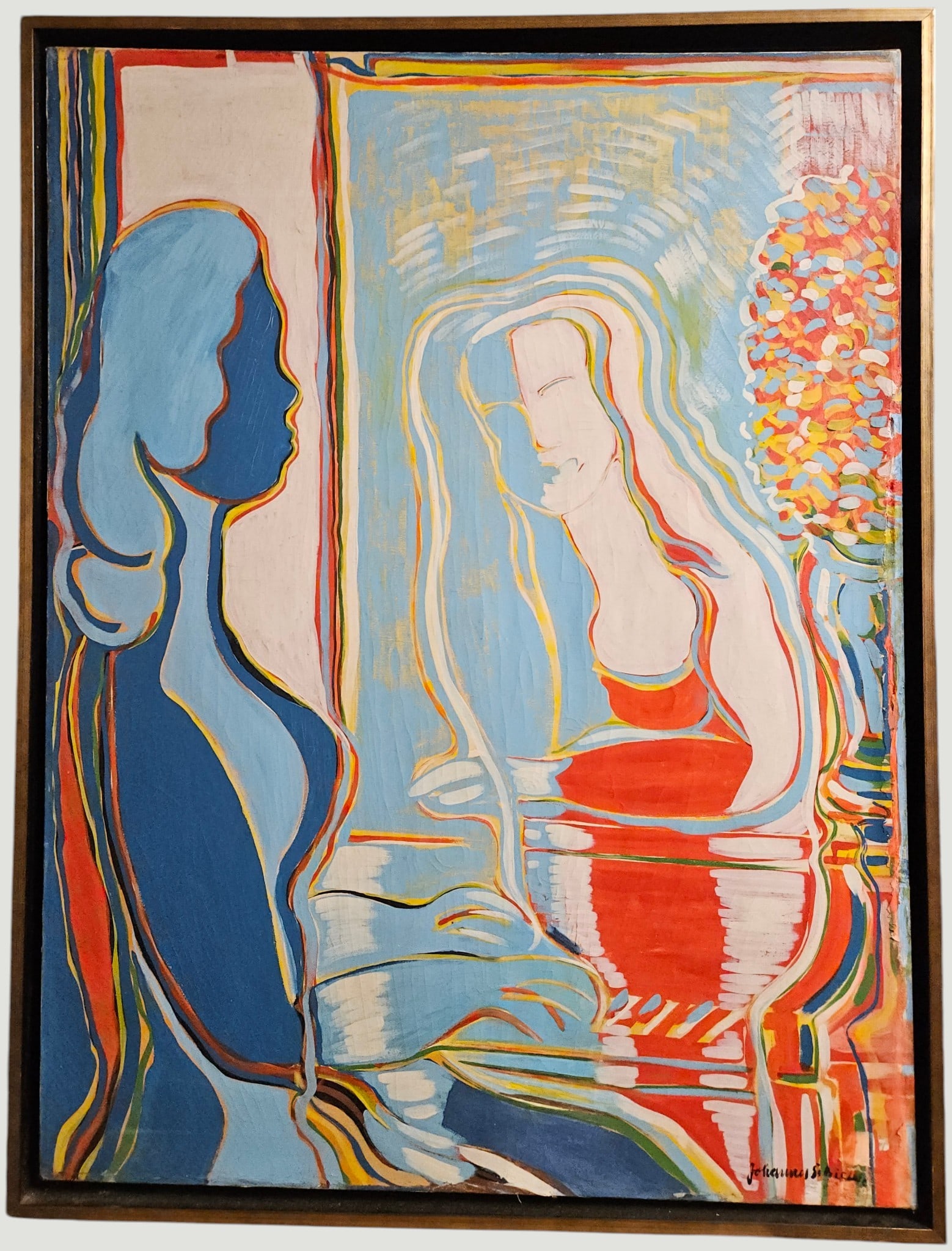 Johannes Schiefer Colorful Modernist Painting Two Women: Johannes Schiefer (New York, Netherlands, France, 1896 - 1979) O/C painting of two women. A mid century modernist view of two women in conversation. Very good condition, with heavy craquelure and