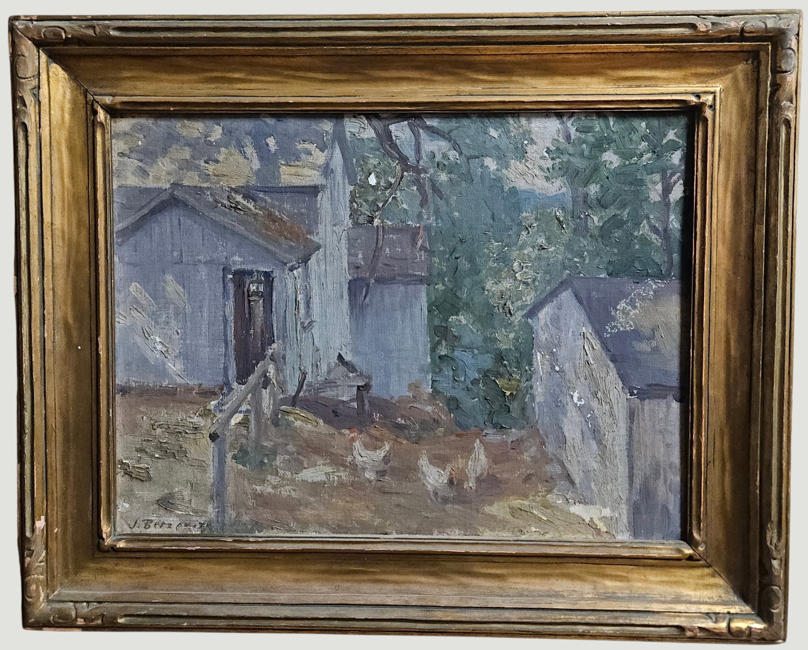 Julius Berzevizy (New York/Hungary, b. 1875) Oil on Canvas Farmstead: Artwork captures a rustic farmstead or backyard setting rendered in a soft, impressionistic style. In the center foreground, a smallflock of chickens can be seen foraging along a dirt path between