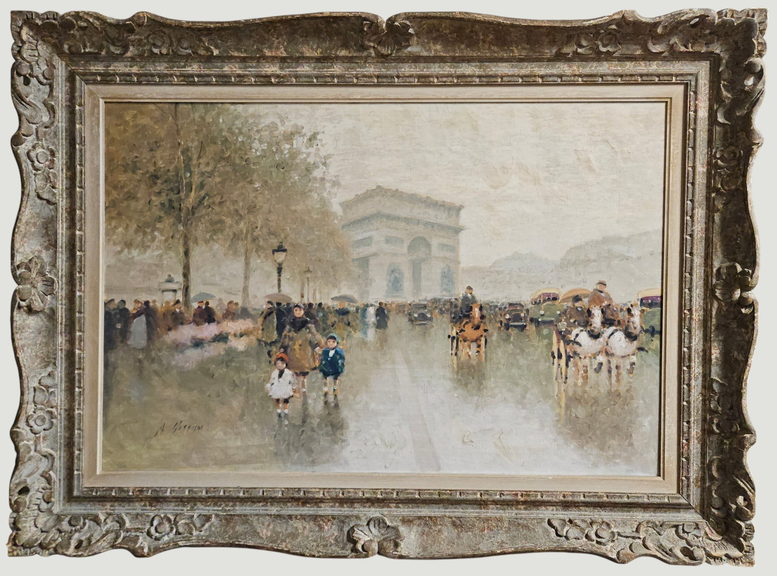 Andre Gisson (American 1921-2003) Oil on Canvas Paris Street Scene: A busy, rain-slicked Parisian avenue featuring pedestrians and horse-drawn carriages with the Arc de Triomphe dominating the background. Signed bottom left. Framed measures 33.5 x 45.5 inches, canvas