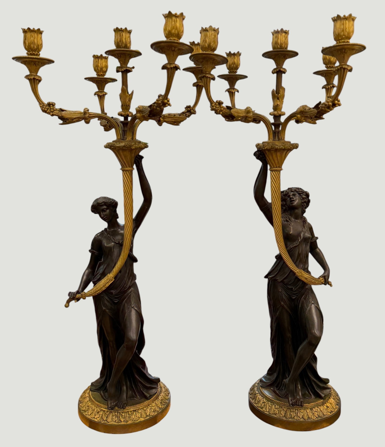 Pair 19th Century French Neoclassical Figural Bronze Candelabras (1 of 15)