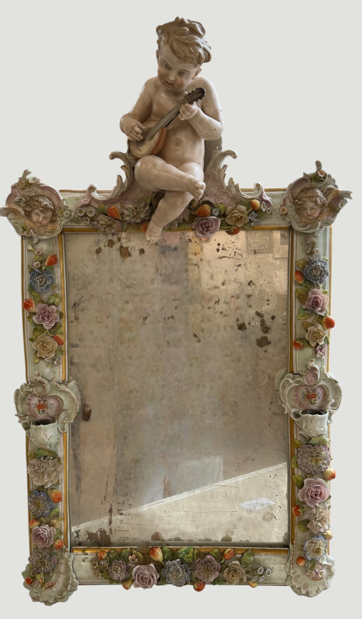 Large 19th Century Ornate Italian Porcelain Mirror w/ Cherub (1 of 13)
