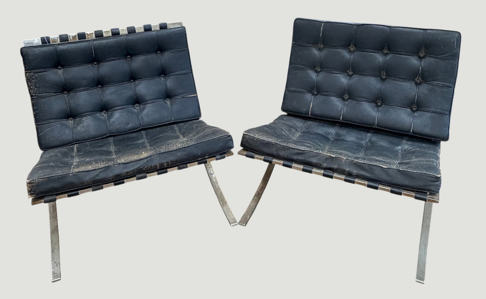 Pair Mid Century Knoll Black Leather Barcelona Chairs Pattern #250 w/ Paperwork (1 of 7)