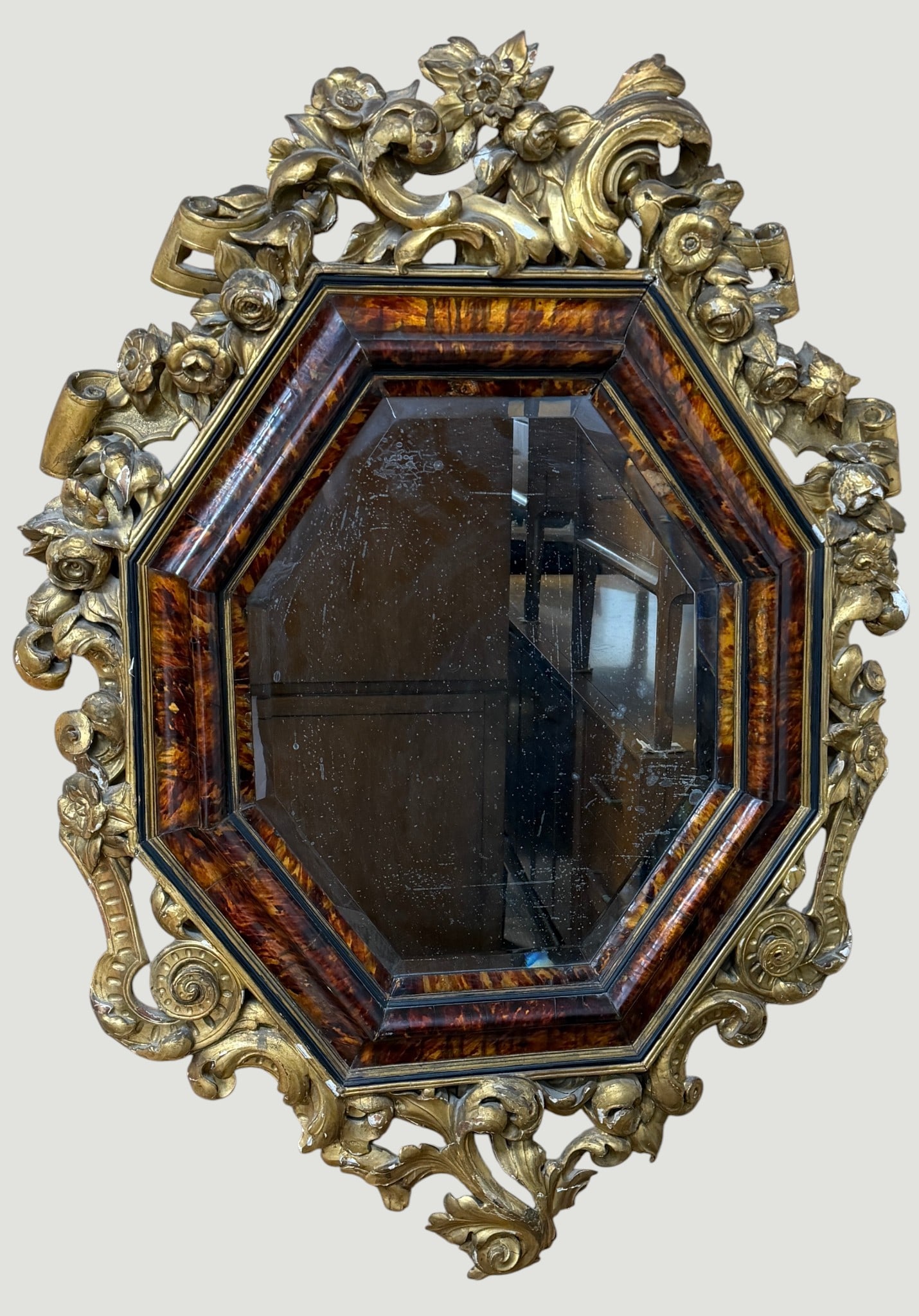 18/19 Century Napoleon III Octagonal Carved & Gilded Faux Tortoiseshell Mirror (1 of 6)