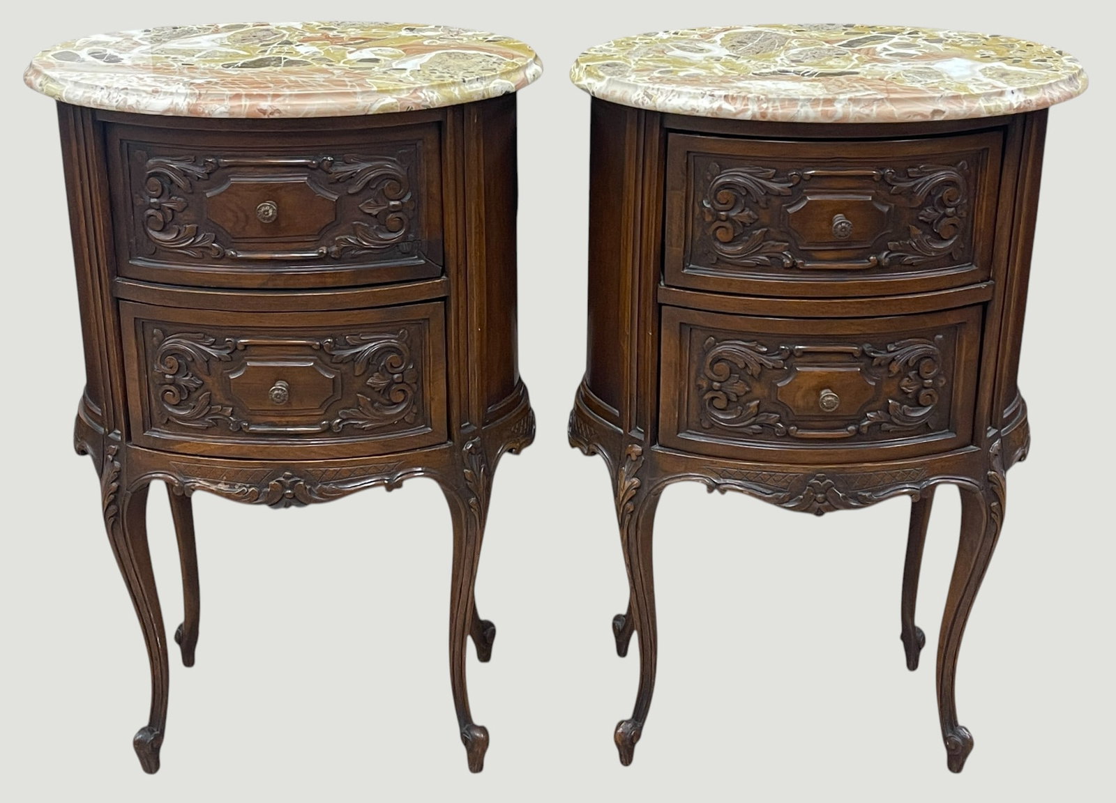 Pair Italian Rococo Style Walnut Carved Demilune Marble Top Nightstands: Cabriole legs and carved wood with marble tops. They measure 29 inches high, 19 inches wide, 13 inches deep. Overall good condition, please see photos.