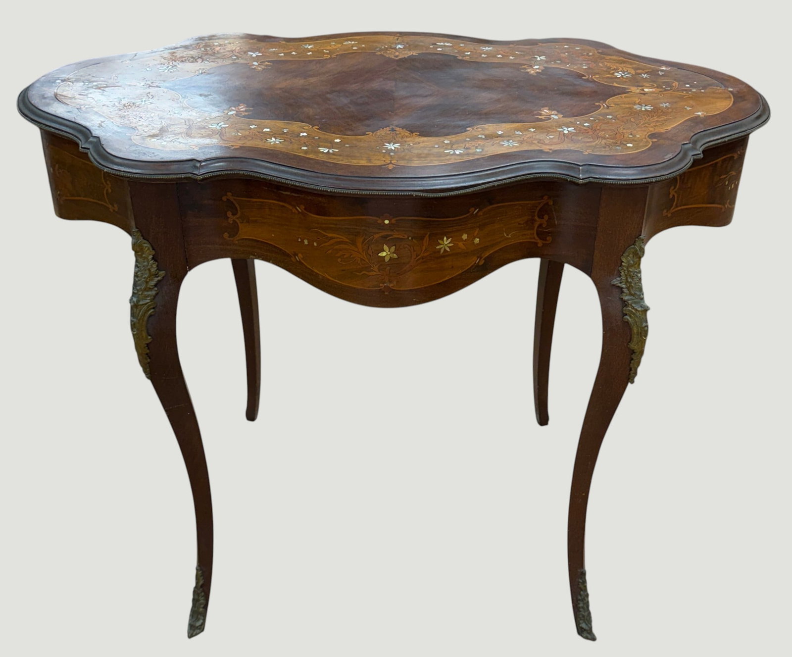 Attb. Horner Louis XV Style Mahogany Bronze Mounted Satinwood Inlay Center Table (1 of 7)
