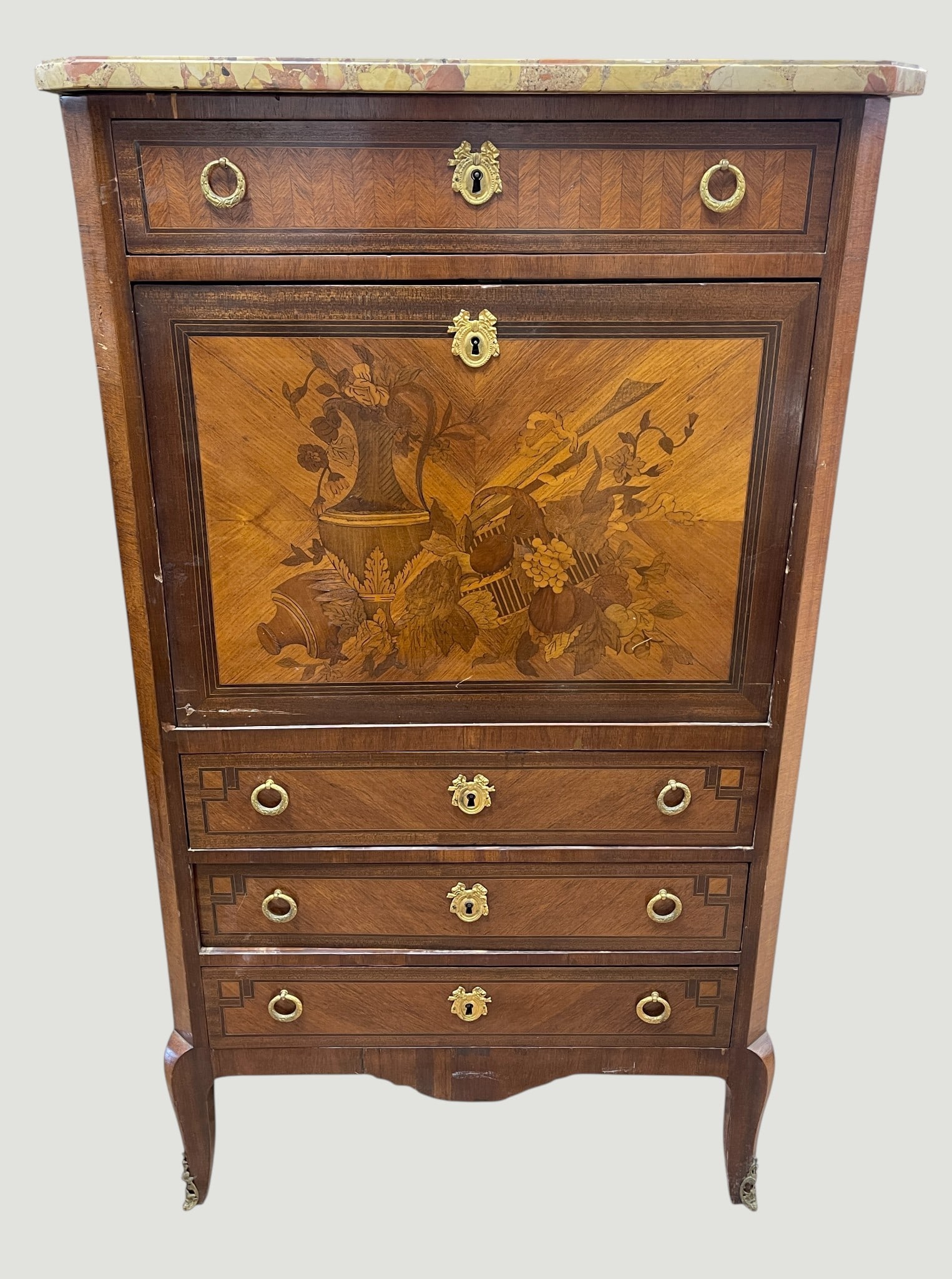 19th Century Louis XV Marquetry Inlaid Secretaire Abbatant: Louis XV marquetry inlaid secretair abbatant, 19th century, with a marble top over a long drawer with bronze mounts and inlaid wood, and a decorated drop front revealing an interior with four small