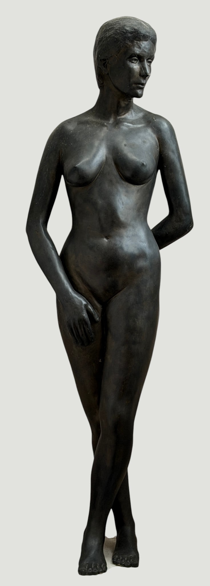 Large Art Deco Style Composition Statue: Measures approximately 6 feet tall, not able to measure where it sits. Composed of composition. Overall good condition, see photos.