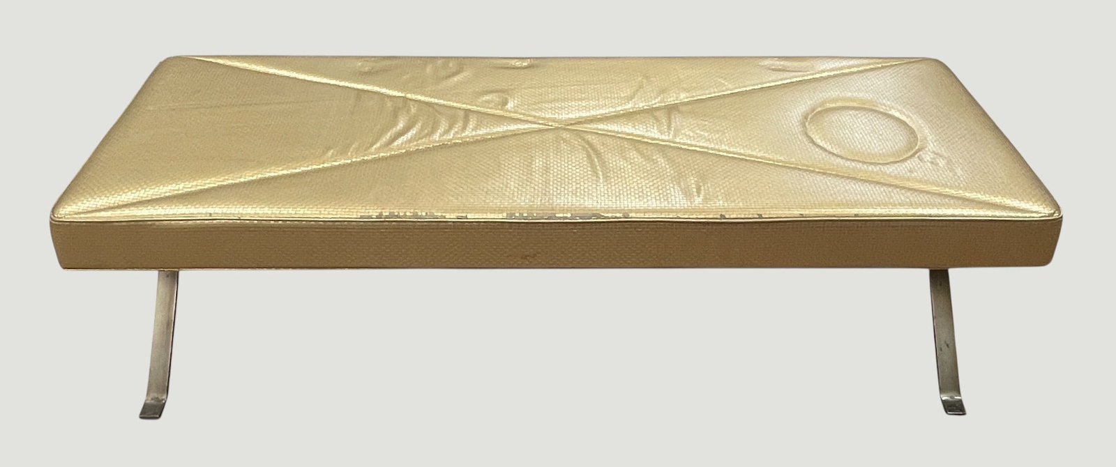 Mid Century Iron Bench with Gold Upholstry: Bench measures 18 inches high, 61 inches long x 21 inches deep. Overall good condition, please see photos.