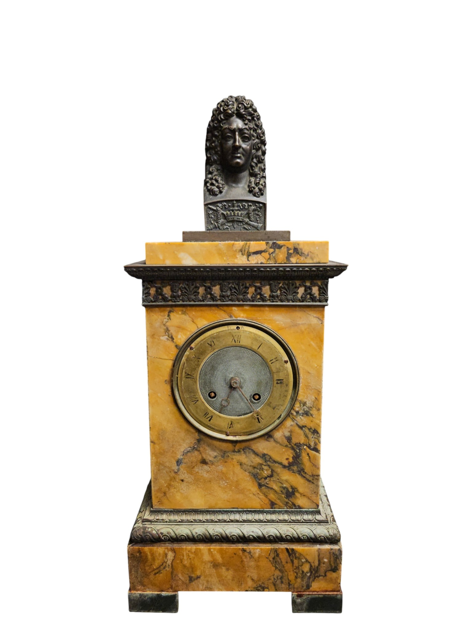 19th Century Neoclassical French Marble & Bronze Mantel Clock: Quadrangular case crafted from yellow/caramel sienna marble, with bust of Louis XVI on top. Measures 22 inches high, 9 inches wide, 6 inches deep. Does not have a key. Overall good/fair condition,