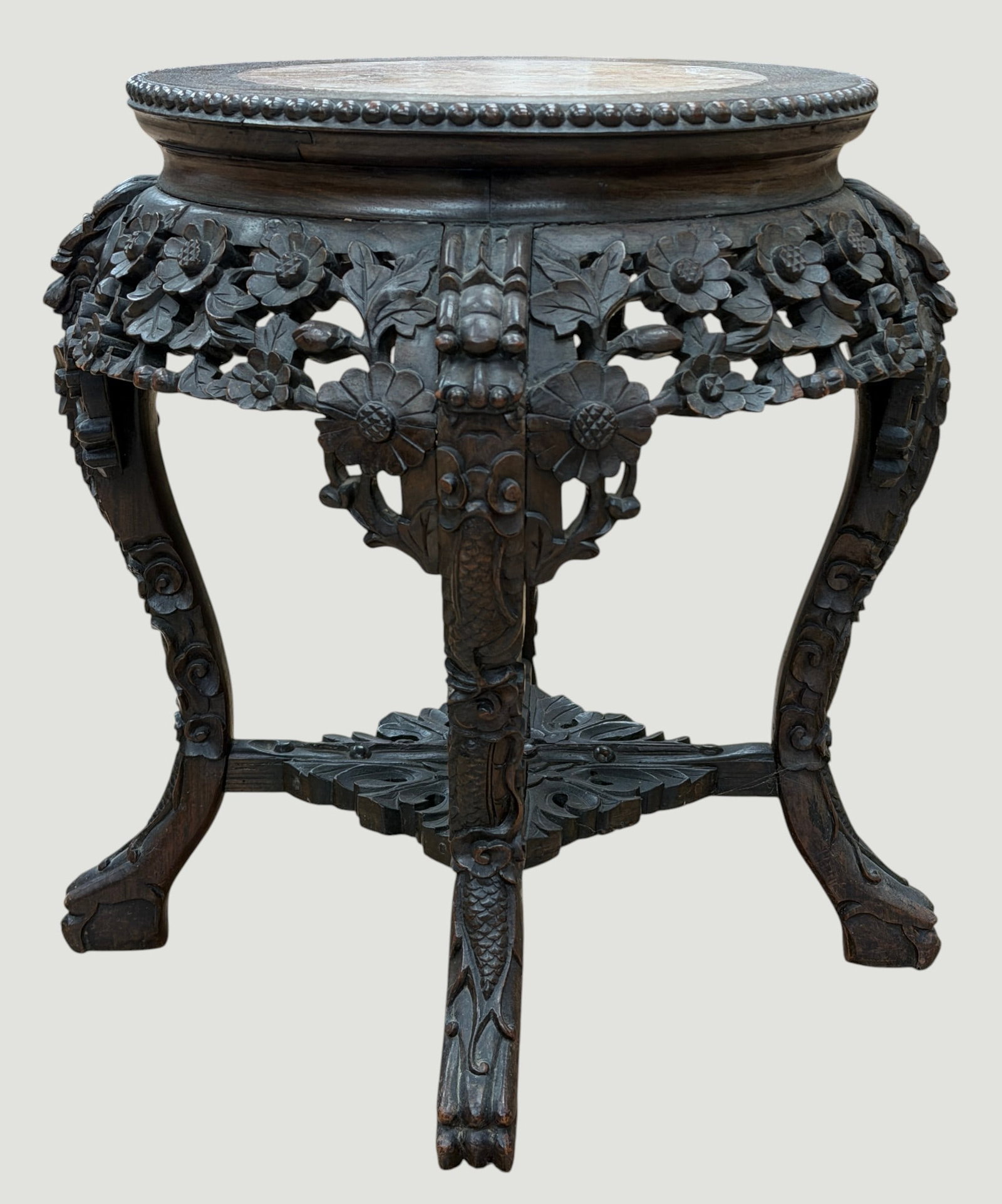 c1900 Chinese Export Stone Inset Tabaret Plant Stand: Chinese Qing Dynasty export carved wood plant stand or side table with pink marble insert, ca. 19th-20th century. Featuring a finely reticulated skirt depicting foliate motifs, and four claw form