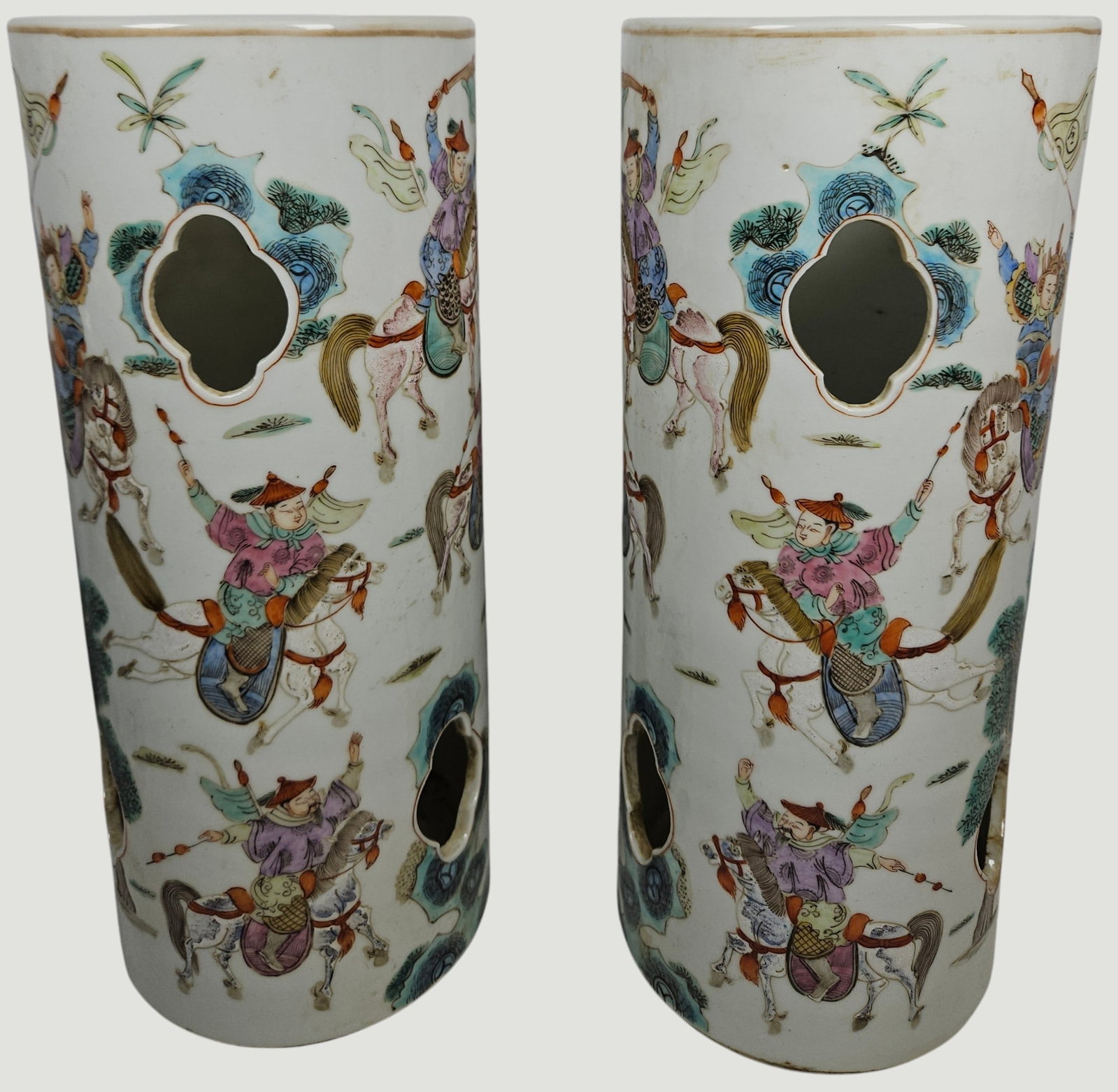 Pair Chinese Tongzhi Reign Qing Dynasty Famille Rose Hat Vases (1 of 7)