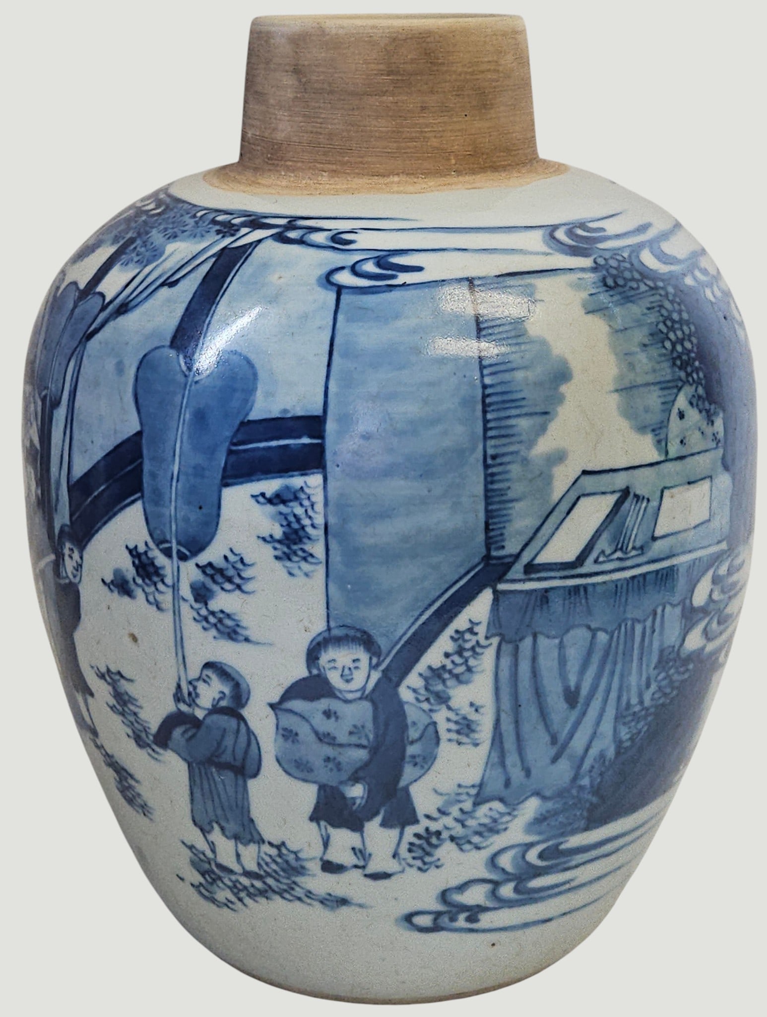 19th Century Chinese Qing Dynasty Blue & White Vase: Hand painted with scenes depicting figures in a stylized landscape. Vase measures 10.5 inches high, approx 8 inches at its widest. Overall good condition, no chips or cracks. Checked with a UV light.