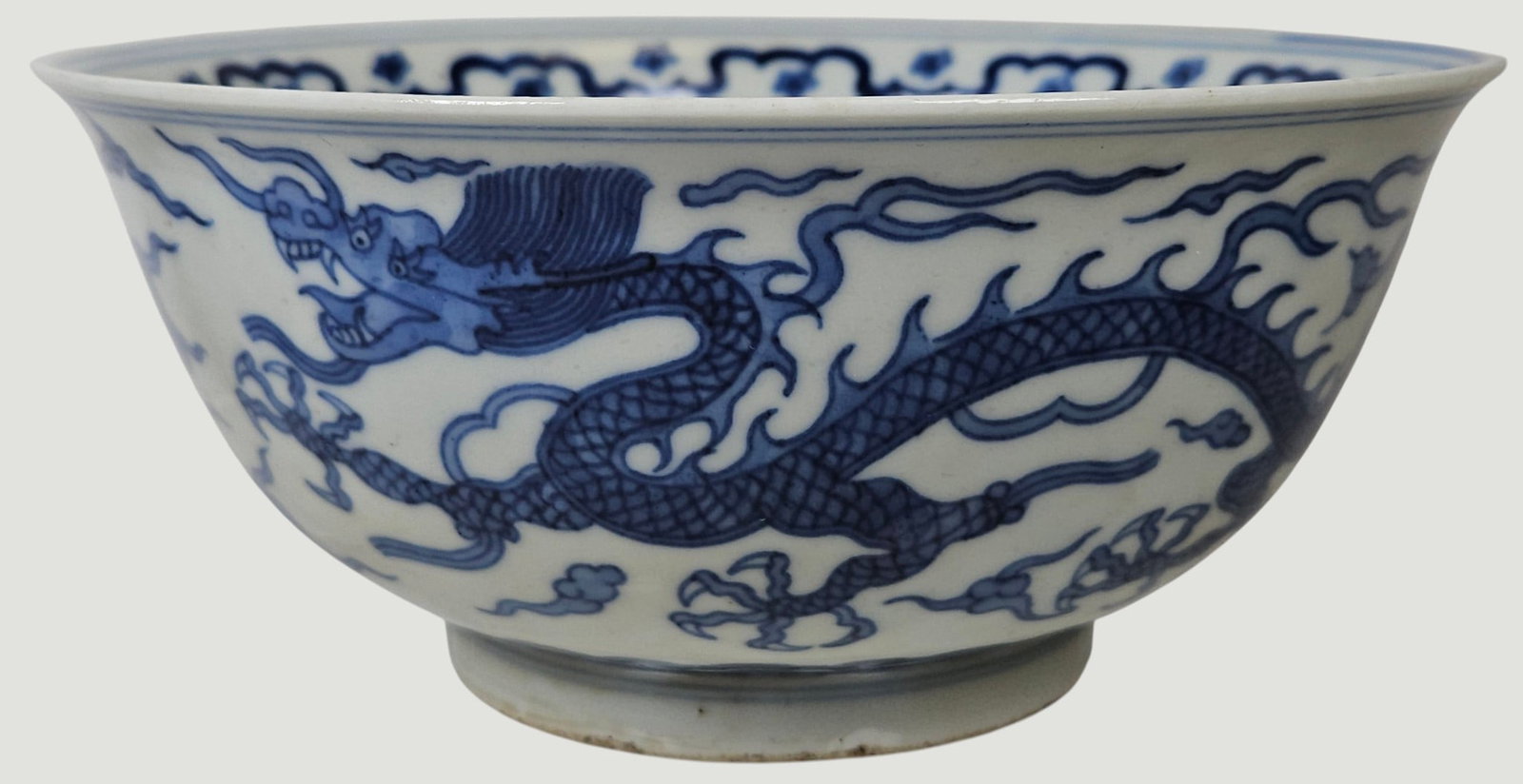 Chinese Blue & White Dragon Dish Wanli Mark: Bowl measures 3.5 inches high, 7.75 inches wide across the top. Overall good condition, no chips or cracks. Checked with a UV light.