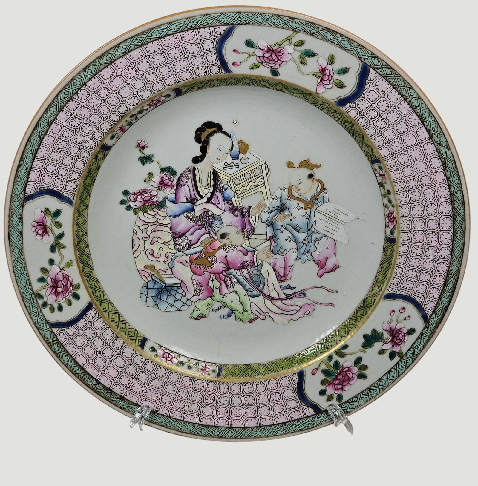 18th Century Chinese Qing Dynasty Famille Rose Ruby Back Woman & Boys Plate: Yongzheng period. Plate measures 8.75 inches in diameter. Overall good condition, no chips or cracks. Checked with a UV light. Please see all photos.