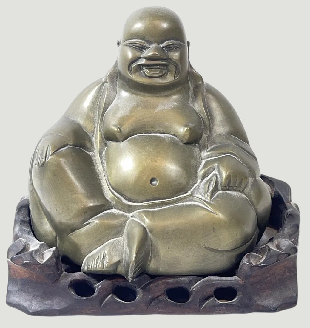 Chinese Republic Period Cast Brass Buddha on Teakwood Stand (1 of 4)