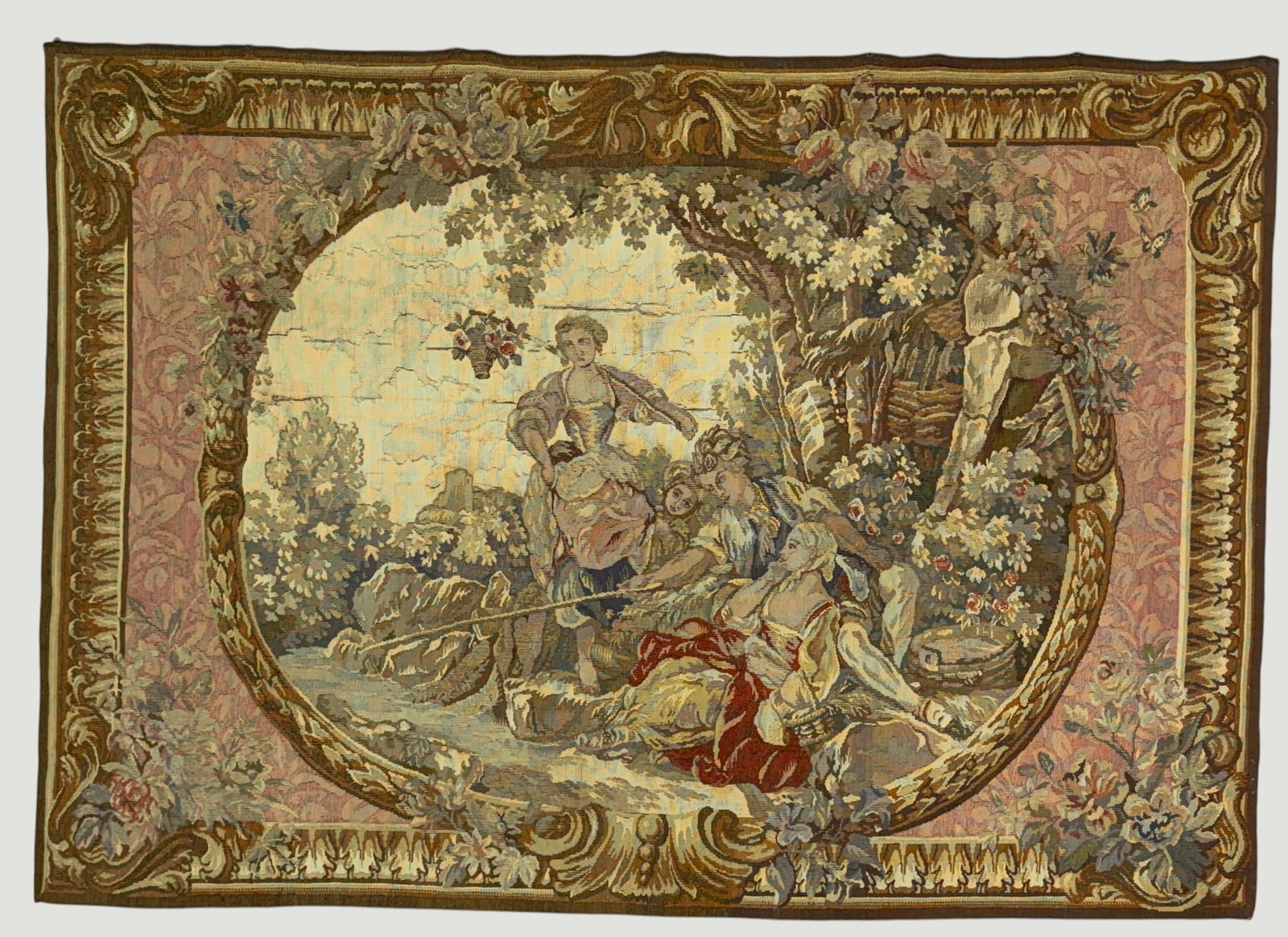 19th Century French Rococo Style Woven Pictoral Tapestry: Depicts courting shepherds and figures interacting near a shaded grove of trees. Measures 65 x 45 inches. Overall good/fair condition, tears and rips. Please see photos.