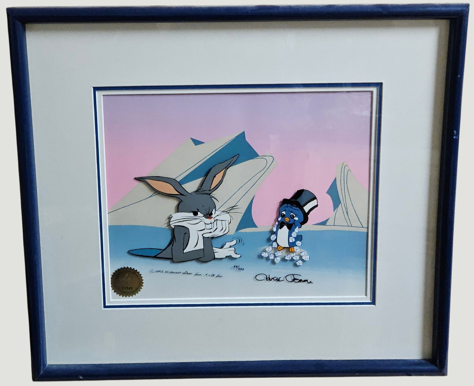 Original Limited Edition Chuck Jones 'Frigid Hare' Bugs Bunny Animation Cel: Comes with certificate of authenticity. Framed measures 17 x 19 inches, sight measures 9.5 x 11.5 inches. Overall good condition. From a large collection of animation cels. Please see photos.