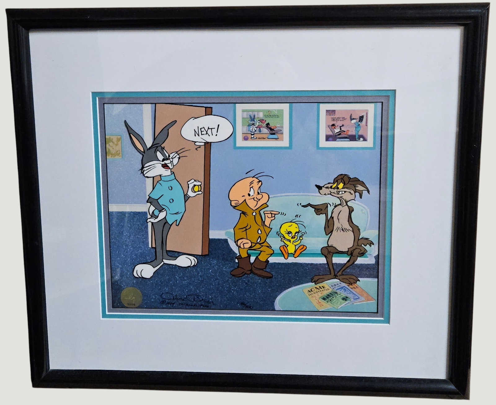 Original Limited Edition Chuck Jones 'Next?' Bugs Bunny Animation Cel: Numbered 86/500, comes with a certificate of authenticity. Framed measures 17.25 x 20 inches, sight measures 9.25 x 11.75 inches. Overall good condition. From a large collection of animation cels.