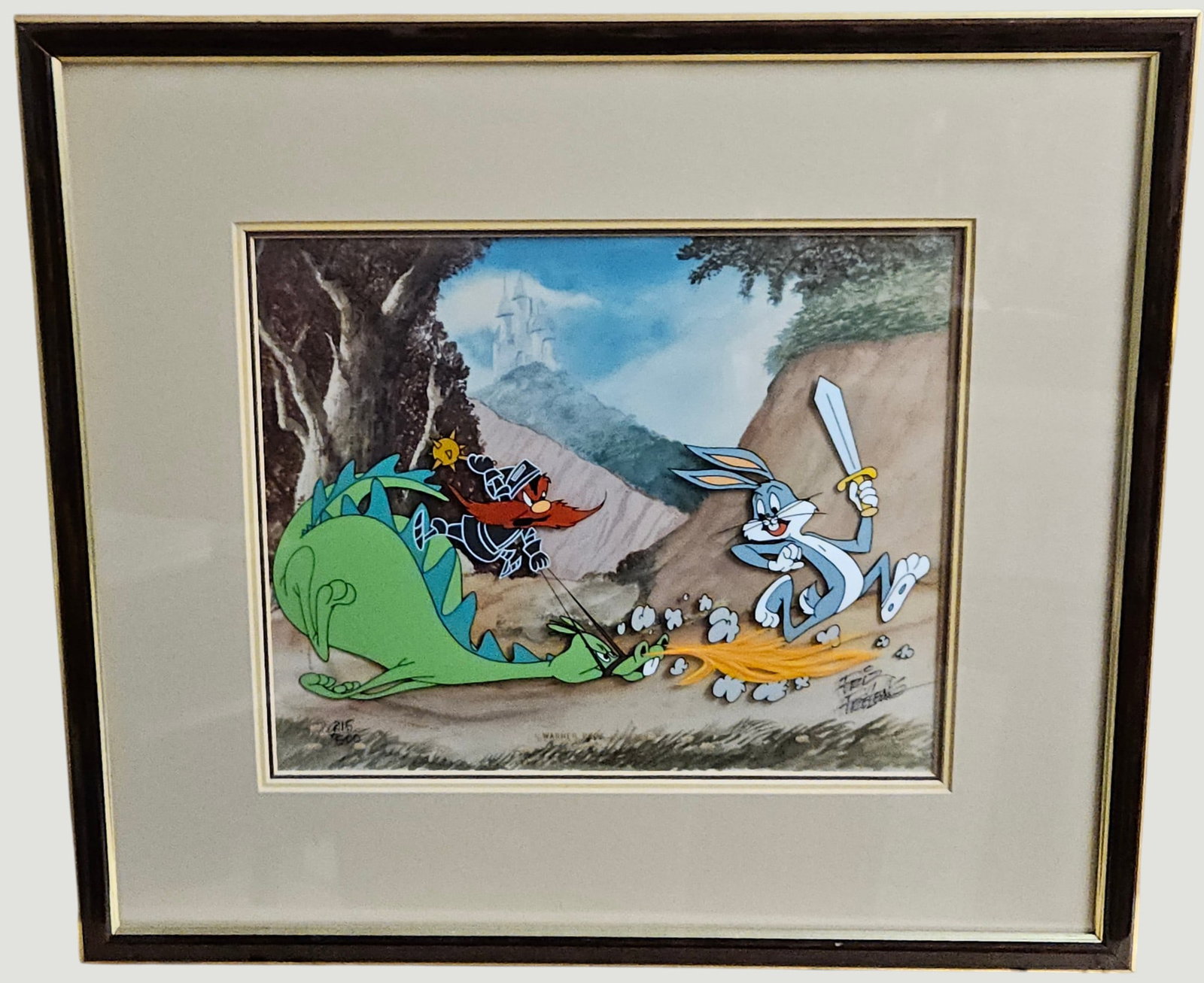 Friz Freleng Signed 'Knightly Knight Bugs' Animation Cel: Numbered 215/500. Framed measures 17.25 x 19.25 inches, sight measures 9.5 x 11.625. Has the Warner Bros. Authenticity label top right. Overall good condition. From a large collection of animation