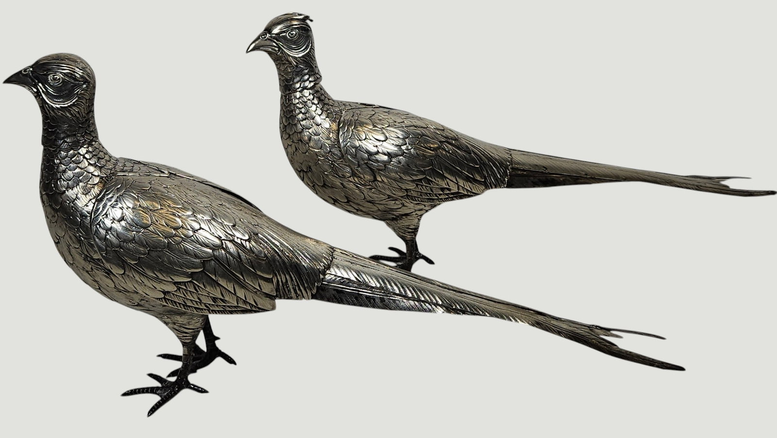 Pair 19th Century German 800 Silver Vinaigrette Shape of Pheasants: Winges are hinged, tops come off. Marked along the inside neck. Measures 7.5 inches high, 17 inches long, 3.5 inches wide. Total weight 31 ozt. Overall good condition, please see photos.